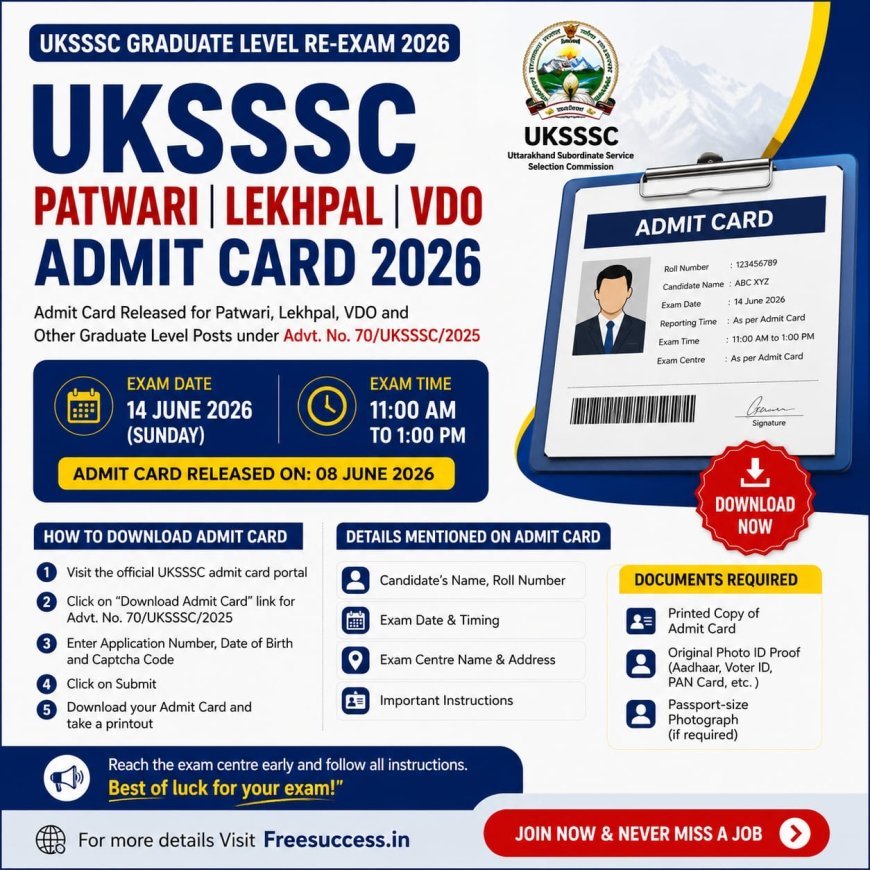UKSSSC Patwari/Lekhpal/VDO Admit Card 2026 - Steps to Download Hall Ticket for 14 June Exam