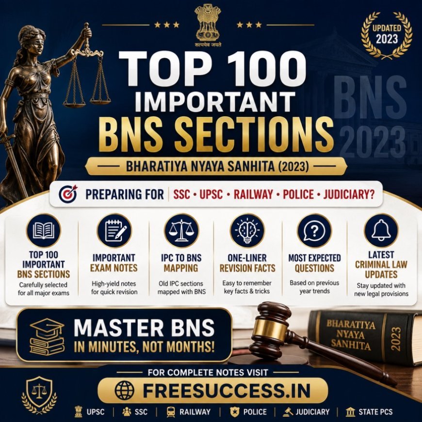 Complete BNS Notes 2026 :Top 100 Sections, Facts, FAQs and IPC Comparison